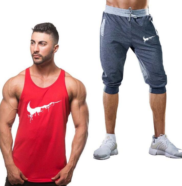 Cotton Fitness Vest Men's Sleeveless Vest Men's Bodybuilding Clothing + Sports Shorts Two Pieces Of Sweatshirt Fitness Vest