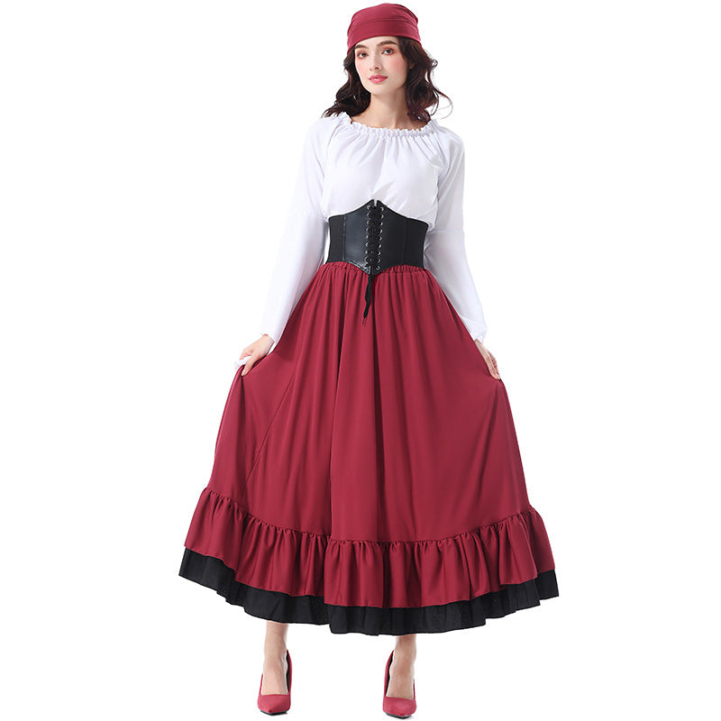 Halloween Costume Vintage Medieval Ruffled Pirate Long Dress with Headscarf Caribbean Beauty Pirate Adult Women
