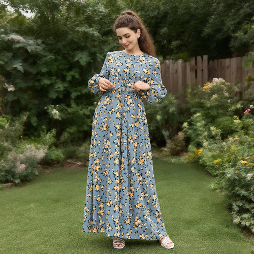 Pure Beauty Print Dress Waist-Cinched Ankle-Length Printed Long Dress Series