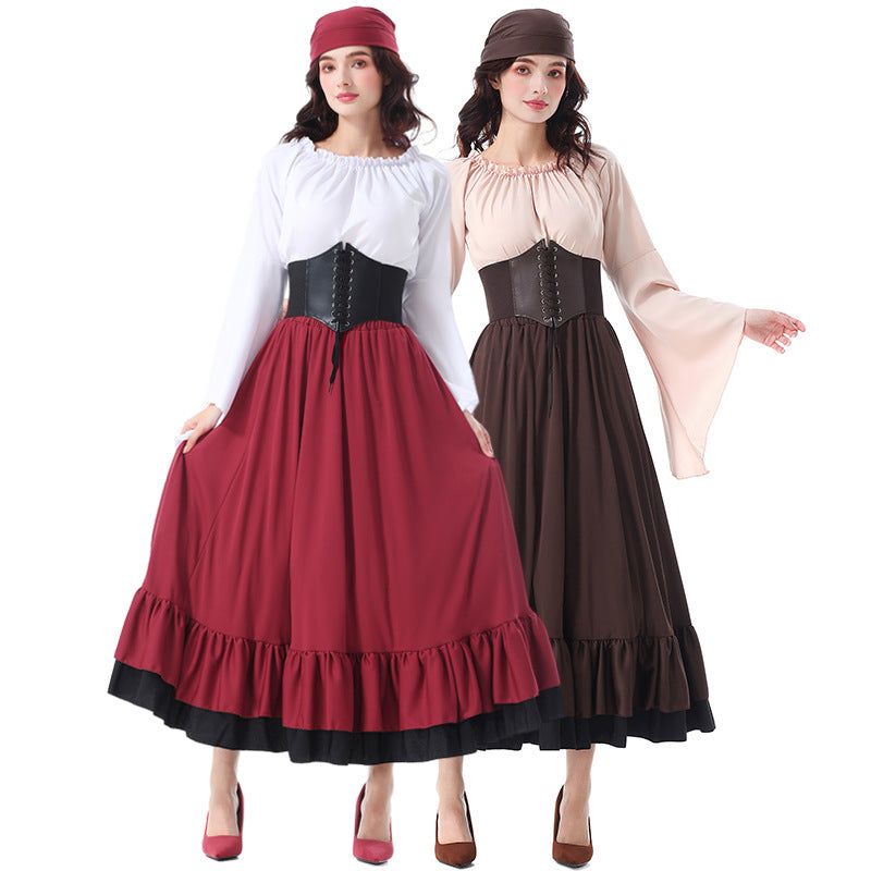 Halloween Costume Vintage Medieval Ruffled Pirate Long Dress with Headscarf Caribbean Beauty Pirate Adult Women