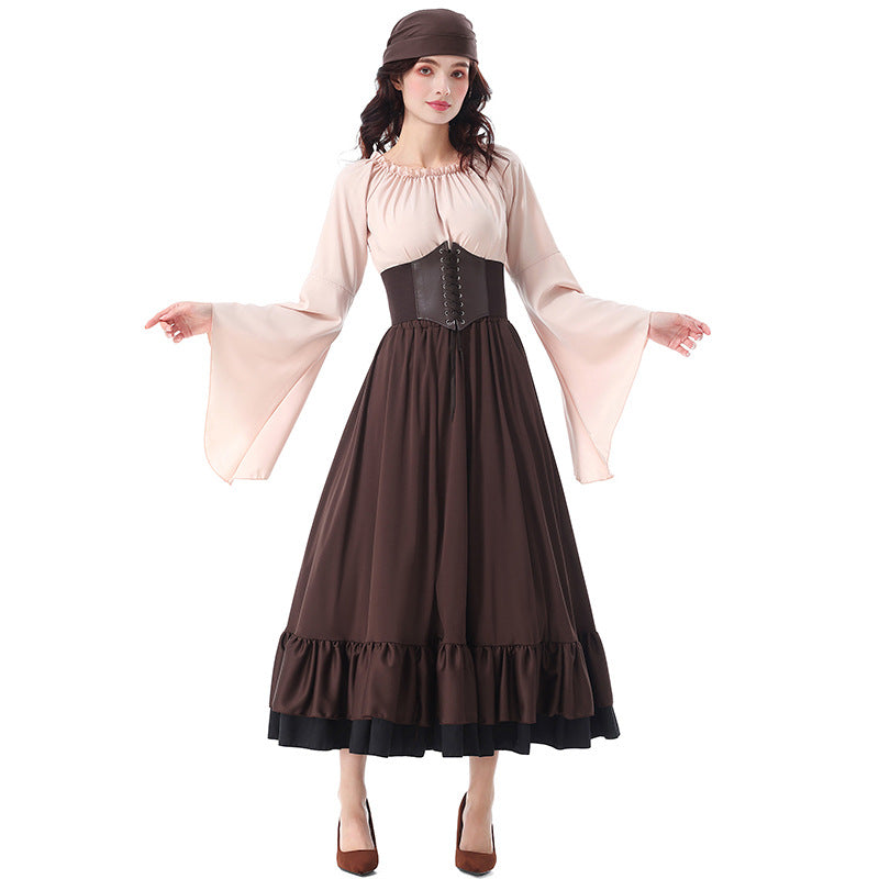 Halloween Costume Vintage Medieval Ruffled Pirate Long Dress with Headscarf Caribbean Beauty Pirate Adult Women