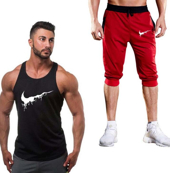 Cotton Fitness Vest Men's Sleeveless Vest Men's Bodybuilding Clothing + Sports Shorts Two Pieces Of Sweatshirt Fitness Vest