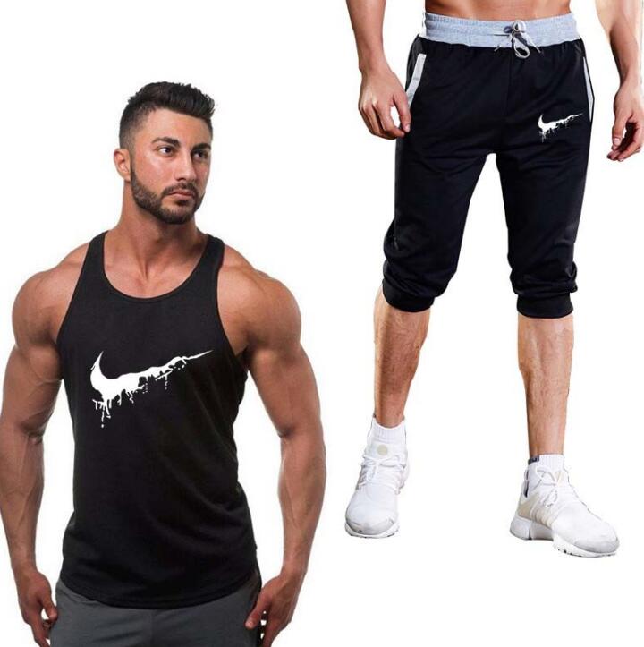 Cotton Fitness Vest Men's Sleeveless Vest Men's Bodybuilding Clothing + Sports Shorts Two Pieces Of Sweatshirt Fitness Vest