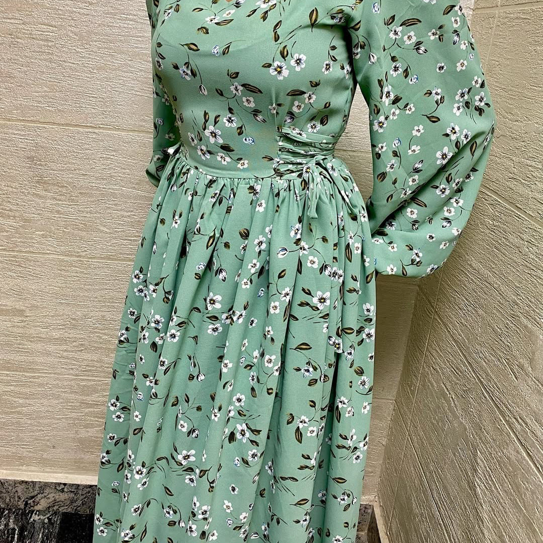 Pure Beauty Print Dress Waist-Cinched Ankle-Length Printed Long Dress Series