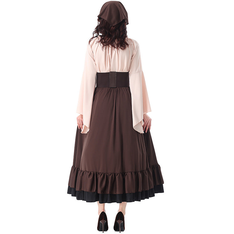 Halloween Costume Vintage Medieval Ruffled Pirate Long Dress with Headscarf Caribbean Beauty Pirate Adult Women