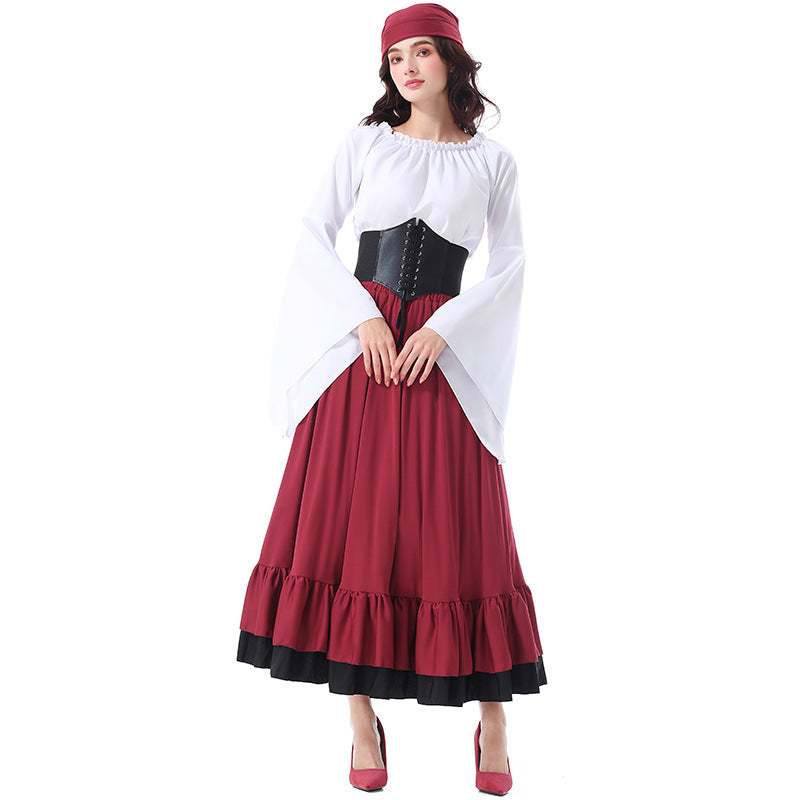 Halloween Costume Vintage Medieval Ruffled Pirate Long Dress with Headscarf Caribbean Beauty Pirate Adult Women