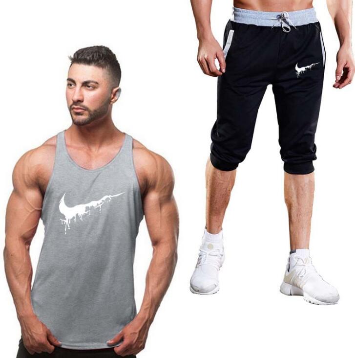 Cotton Fitness Vest Men's Sleeveless Vest Men's Bodybuilding Clothing + Sports Shorts Two Pieces Of Sweatshirt Fitness Vest
