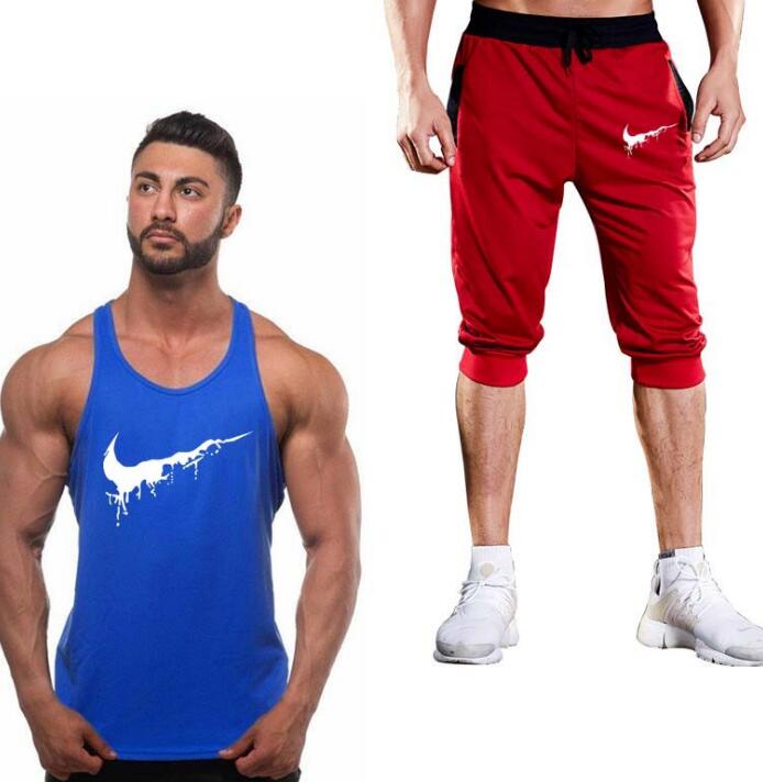 Cotton Fitness Vest Men's Sleeveless Vest Men's Bodybuilding Clothing + Sports Shorts Two Pieces Of Sweatshirt Fitness Vest