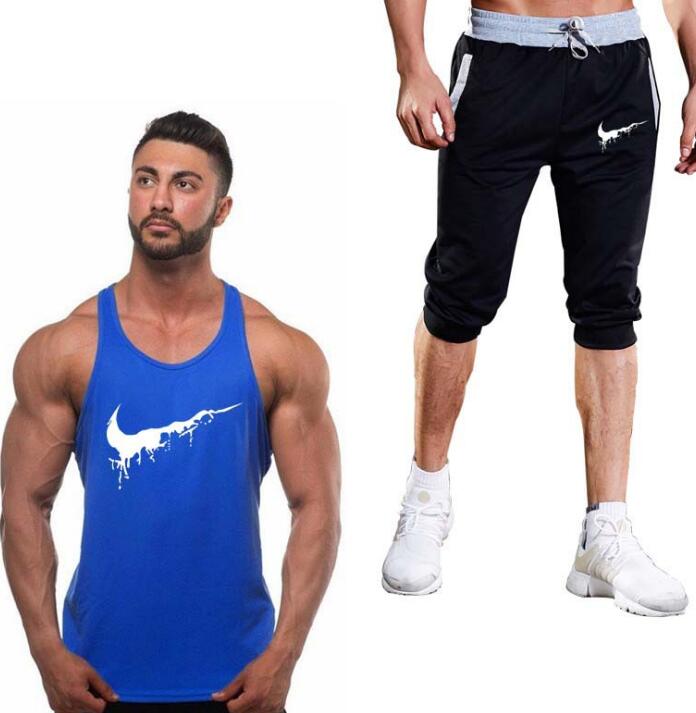 Cotton Fitness Vest Men's Sleeveless Vest Men's Bodybuilding Clothing + Sports Shorts Two Pieces Of Sweatshirt Fitness Vest