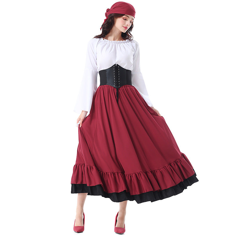 Halloween Costume Vintage Medieval Ruffled Pirate Long Dress with Headscarf Caribbean Beauty Pirate Adult Women