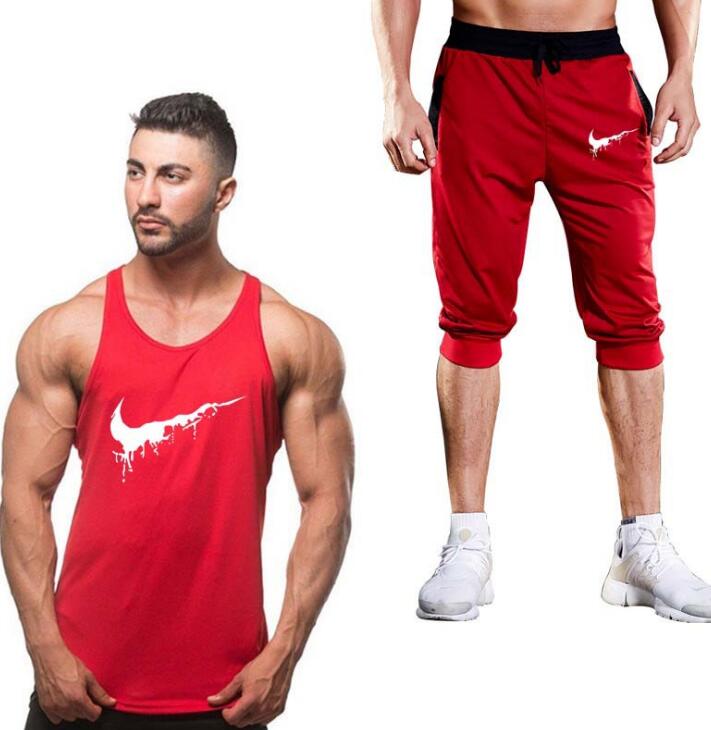 Cotton Fitness Vest Men's Sleeveless Vest Men's Bodybuilding Clothing + Sports Shorts Two Pieces Of Sweatshirt Fitness Vest