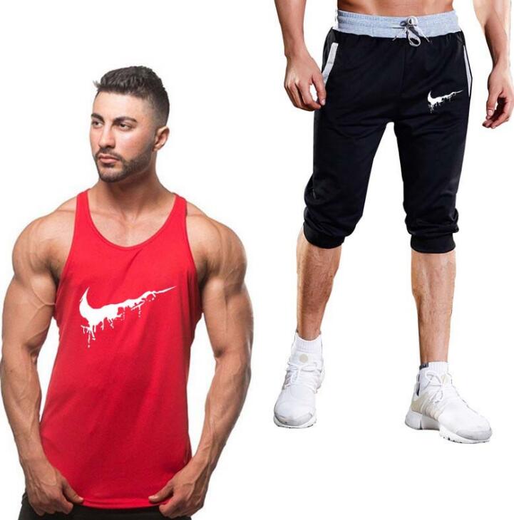 Cotton Fitness Vest Men's Sleeveless Vest Men's Bodybuilding Clothing + Sports Shorts Two Pieces Of Sweatshirt Fitness Vest