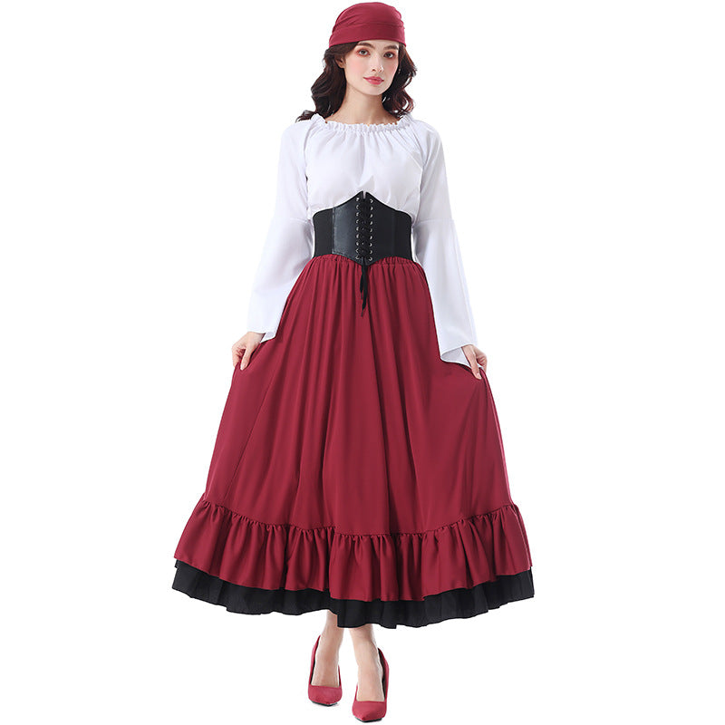 Halloween Costume Vintage Medieval Ruffled Pirate Long Dress with Headscarf Caribbean Beauty Pirate Adult Women
