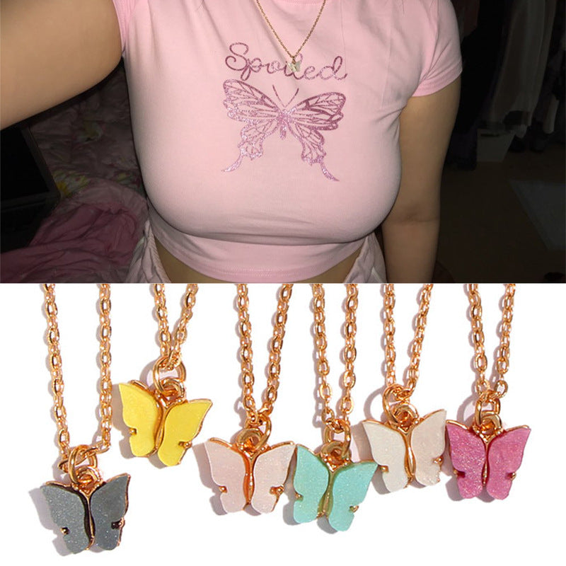 Sweet Butterfly Necklace Acrylic Color Sweet Beauty Style Wild Clavicle Chain Personality Net Red Butterfly Necklace